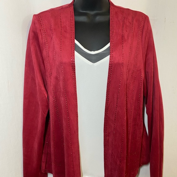 Vocal Jackets & Blazers - Vocal Open Front Lightweight Red Faux Suede Jacket with matching red bling